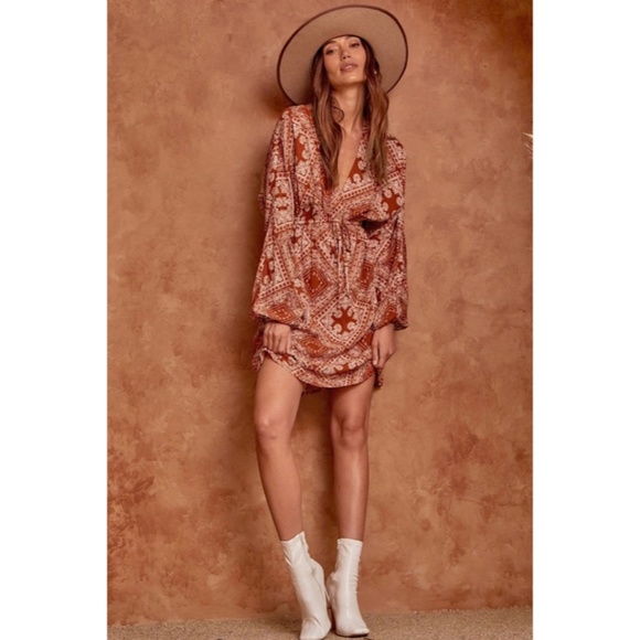 SOLD OUT Rust Patchwork Inspired Boho Long Dolman Sleeve Boho V-Neck Fall Dress - Picture 2 of 7